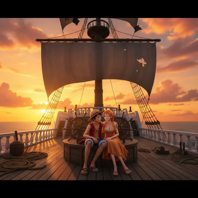 Luffy and Nami sharing a moment on their pirate adventure.