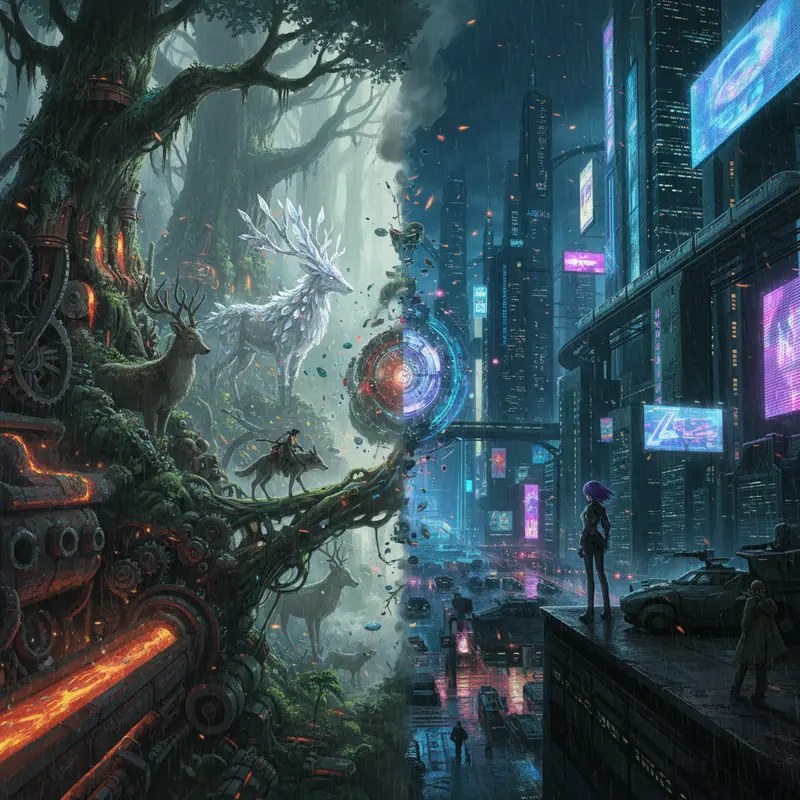 A blend of futuristic and tranquil environments from ‘Promare’ and ‘The Garden of Words’.