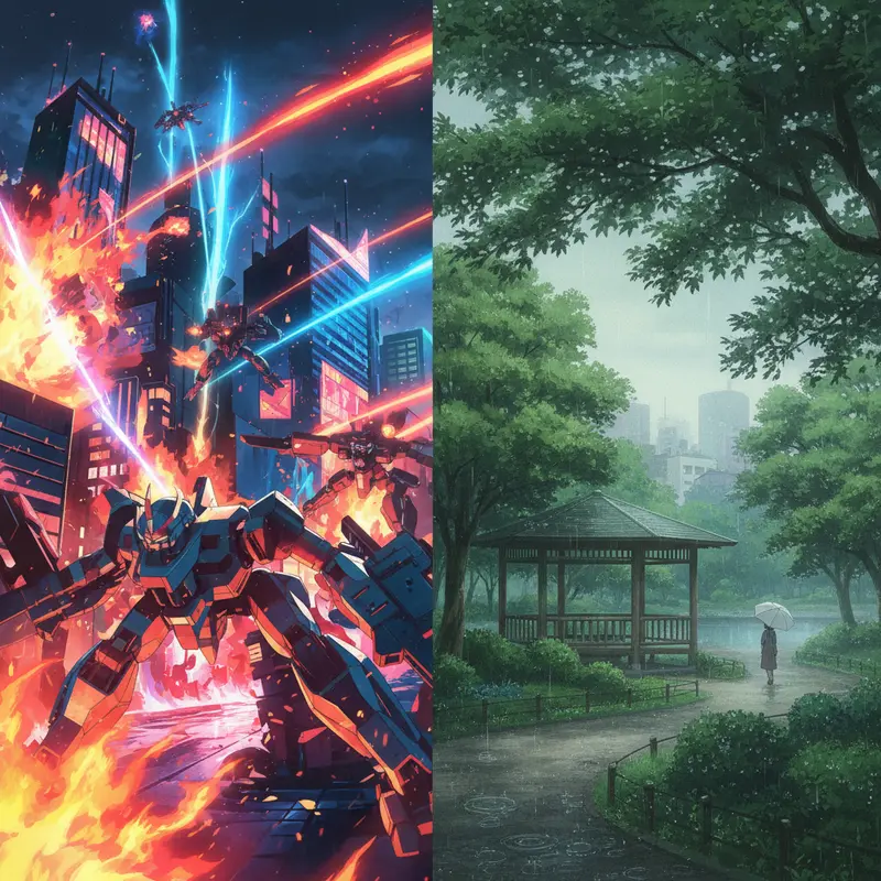 A blend of futuristic and tranquil environments from ‘Promare’ and ‘The Garden of Words’.