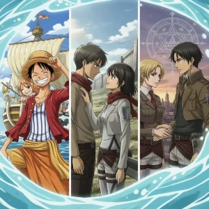 Illustrations of popular anime pairings in distinct scenes depicting their chemistry.