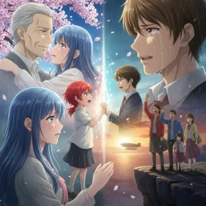 A collection of emotional anime scenes depicting farewell, loss, and mother-child affection.