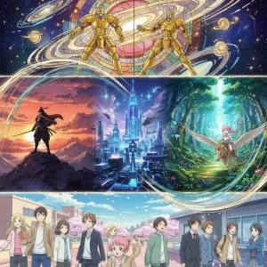 A collage of vibrant and diverse scenes from different anime, illustrating various artistic styles.