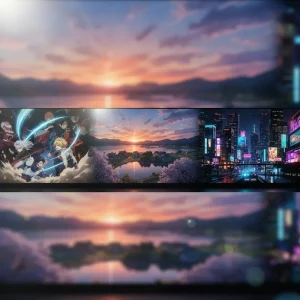 Collage of impactful anime scenes featuring action, nature, and cityscapes.