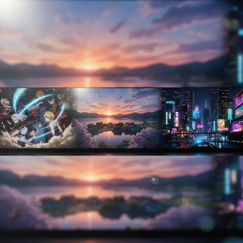 Collage of impactful anime scenes featuring action, nature, and cityscapes.