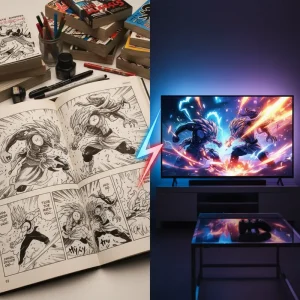 A dynamic illustration representing the storytelling differences between manga panels and anime screens, capturing their cultural impact.