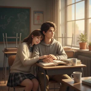 A high school couple sitting in a classroom with soft sunlight.