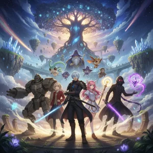Collage of iconic anime characters set to debut in 2025 against a mystical backdrop.